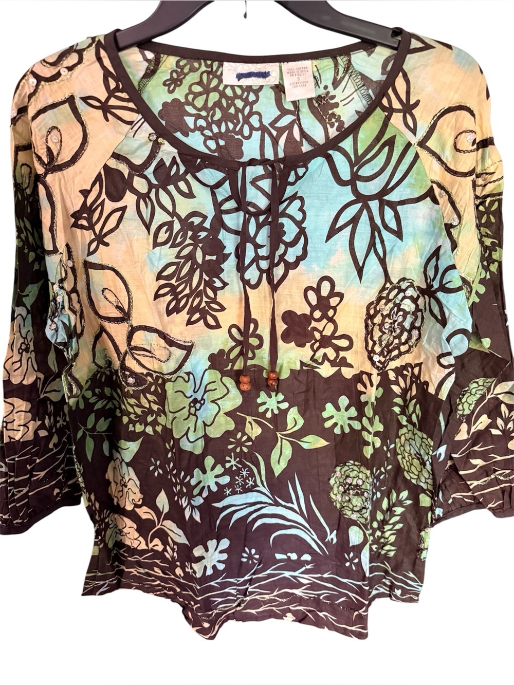 Brown Floral Peasant Blouse with Aqua & Mint Accents Sz.S
